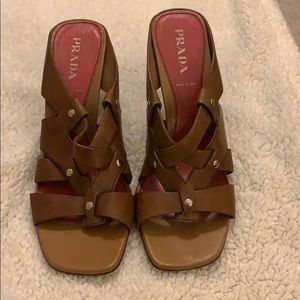 Prada leather & wooden heels with silver accents